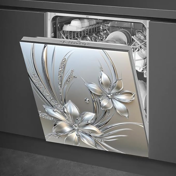 Silver Floral Dishwasher Magnet Sticker Cover Panel Decal Refrigerator Magnetic Sticker Decorative for Kitchen Decoration Anti-Scratch Magnetic Stickers Fridge Refrigerator Panel 23x26 Inch