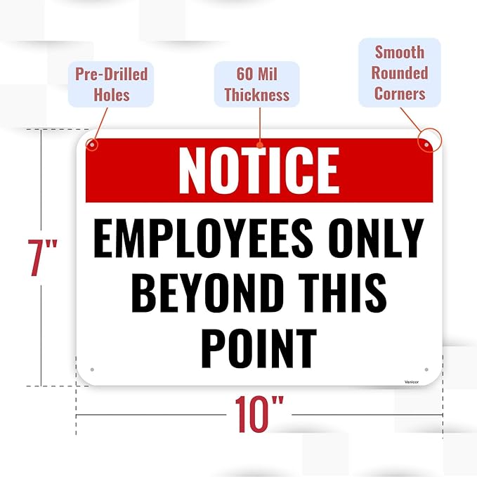 2PC Employees Only Beyond This Point Sign, 10 x 7 Inches - Aluminum - No Customers Allowed In Work Area Staff Only Sign For Door