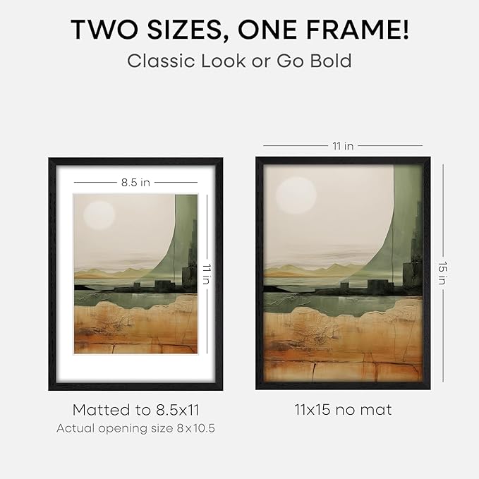 Homeforia 11x15 Picture Frame Black Wood, High End Oak 11x15 Poster Frames with Mat 8.5x11, 11 x 15 Wooden Frames Matted to 8.5 x 11 inch Photo, 15x11 Hanging Frame, Tempered Glass, Wall Kit, Set of 2