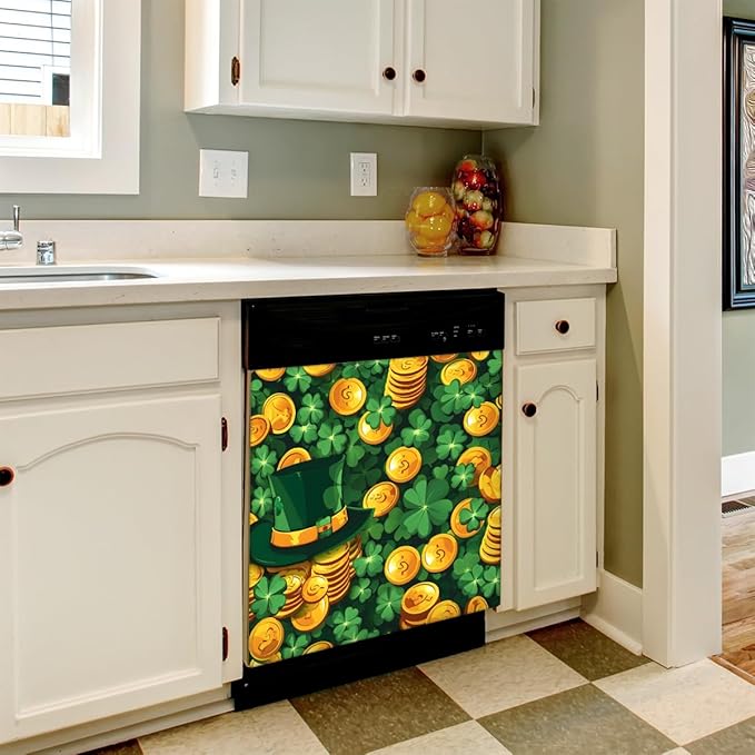 Hat Gold Coin Clover Glow Dishwasher Magnet Cover, Reusable Refrigerator Panel Stickers Microwave Front Door Covers Magnets for Kitchen Home Appliances Holiday Party Decorations 23 X 26 in