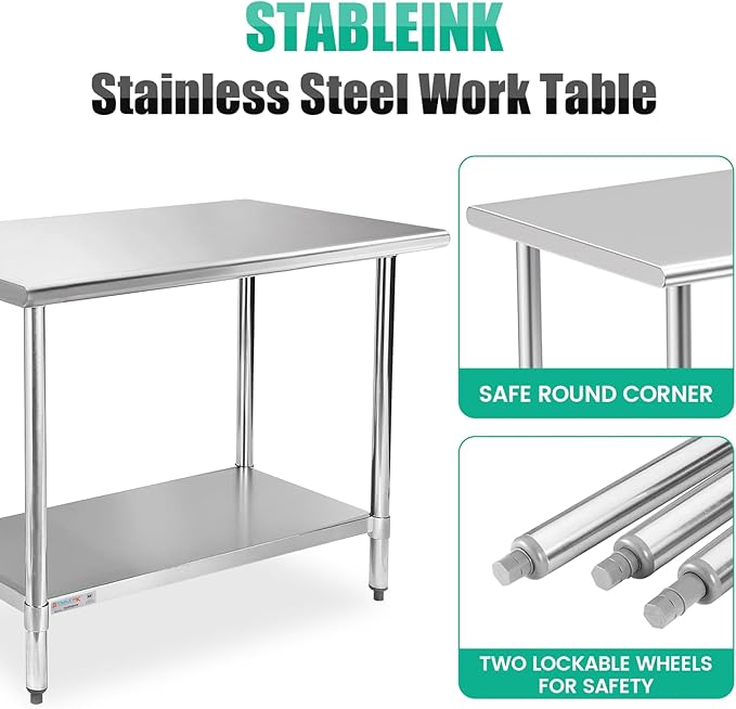 STABLEINK NSF Stainless Steel Prep Table, 30 x 48 Inches 4ft Metal Workbench with Adjustable Lower Undershelf, for Commercial Kitchen, Restaurant, Hotel, Laundry and Garage