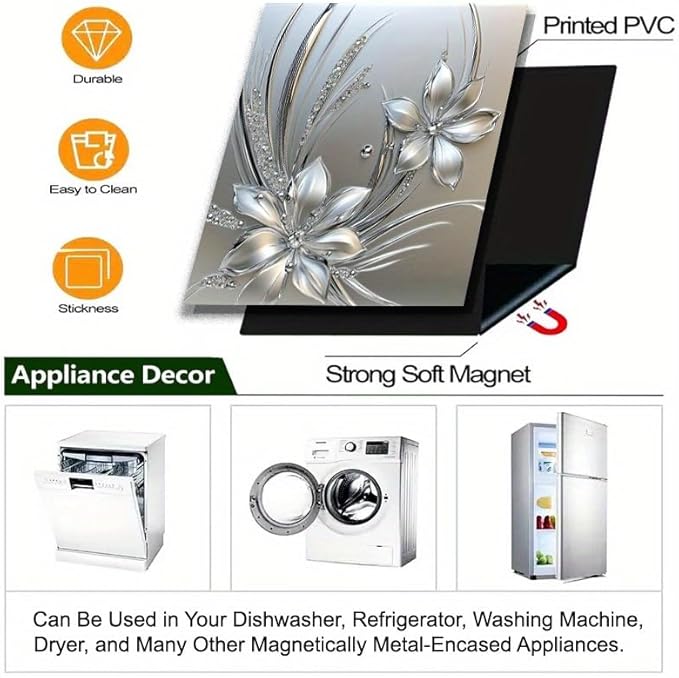 Silver Floral Dishwasher Magnet Sticker Cover Panel Decal Refrigerator Magnetic Sticker Decorative for Kitchen Decoration Anti-Scratch Magnetic Stickers Fridge Refrigerator Panel 23x26 Inch