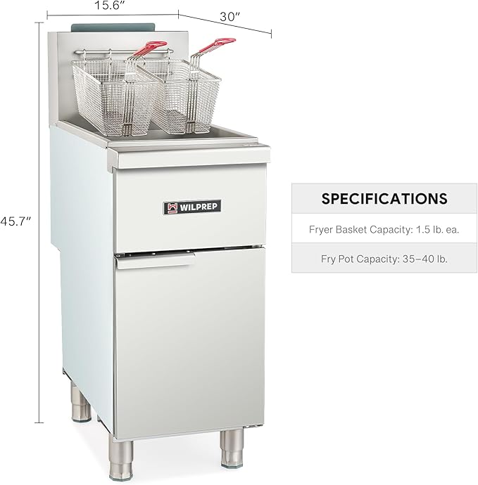 WILPREP Commercial Gas Floor Fryer, 3 Burner Commercial Deep Fryer with 2 Baskets 90000 BTU 40 lb. Capacity 400°F Constant Temperature, Stainless Steel Liquid Propane Deep Fryer for Restaurant Kitchen