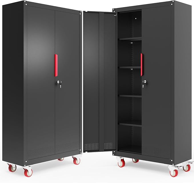 Metal Storage Cabinet with Wheels,71" Garage Cabinets with 4 Adjustable Shelves and Lockable Doors,Black Locking Cabinet Suitable for Garages,Home,Office