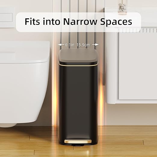 Small Bathroom Trash Can with Lid Soft Close, Step Pedal, 6L / 1.6 Gal Stainless Steel Garbage Bin with Removable Inner Bucket, Slim Wastebasket for Narrow Spaces (Black)