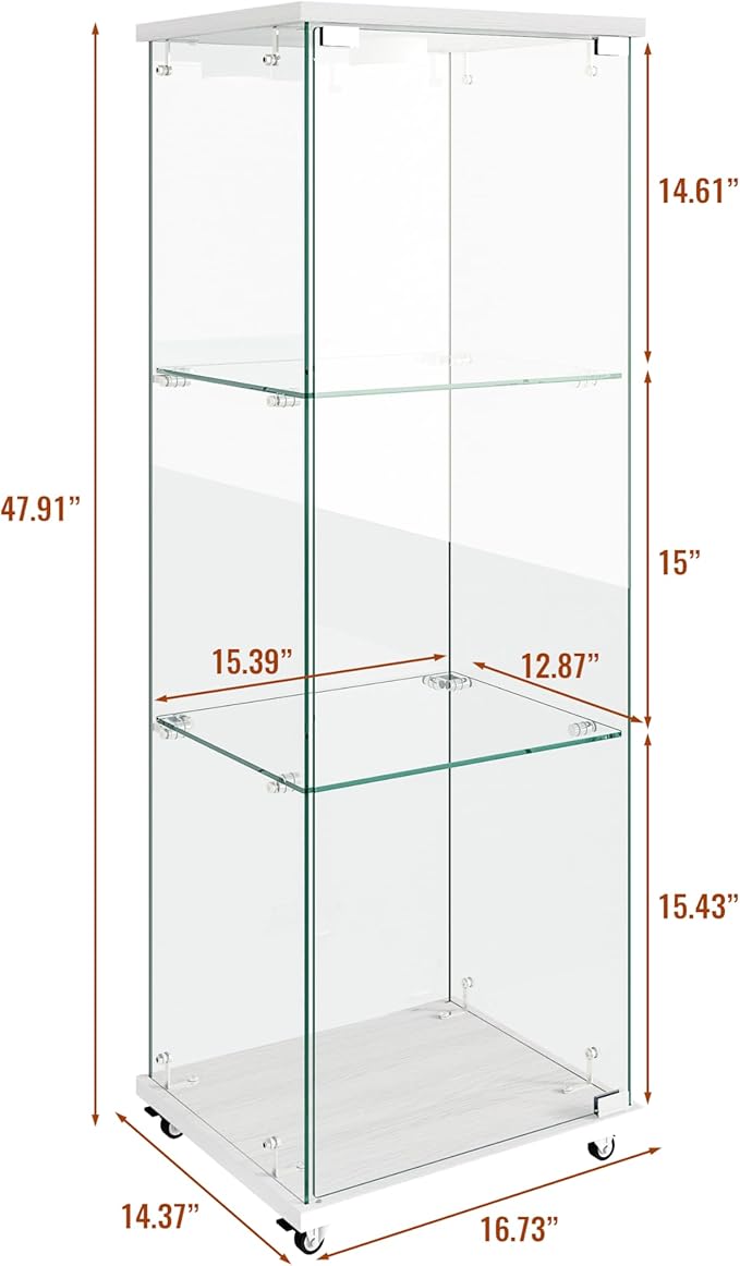 Yoluckea 3-Shelf Glass Display Cabinet with LED Lights, 1-Door Floor Standing Curio Cabinet with Universal Wheel for Home or Office, White Glass Bookshelf for Collections, Decor, and Corner Display