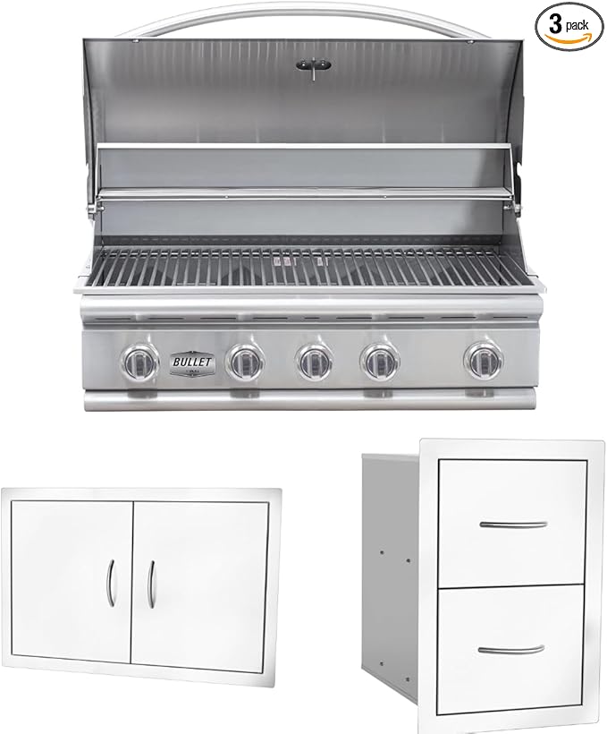 Bullet by Bull Stainless Steel Outdoor Kitchen Grill Set - Built-In Liquid Propane Grill -BBQ Kitchen Island Bundle - Includes 5 Burner Grill, Double Access Door & Double Storage Drawer