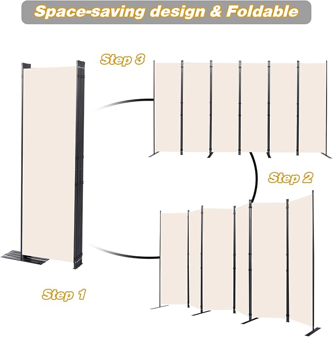 Room Divider, 6 Panel Folding Privacy Screens with Wider Support Feet, 6 Ft Portable Room Partition for Room Separator, 132" W X 71" H, (Beige, 22"- 6 Panel)