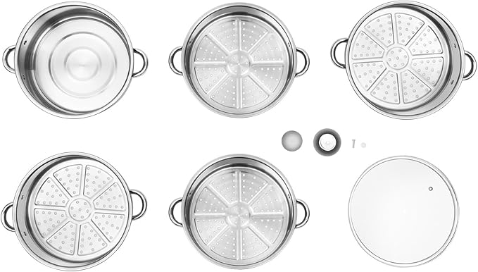 5-Tier Food Steamer Pot for Cooking, Stainless Steel Steamer Pot with Clear Lid, Stackable Steaming Pots Steam Cooker Cookware for Dumpling Seafood, Compatible with Gas/induction Stove (10.23in Diameter)