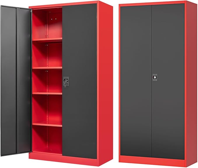 Metal Storage Cabinet-72” Tall Steel File Cabinets with Lockable Doors and Adjustable Shelves-Black&Red Steel Storage Cabinet for Kitchen, Office, Garage