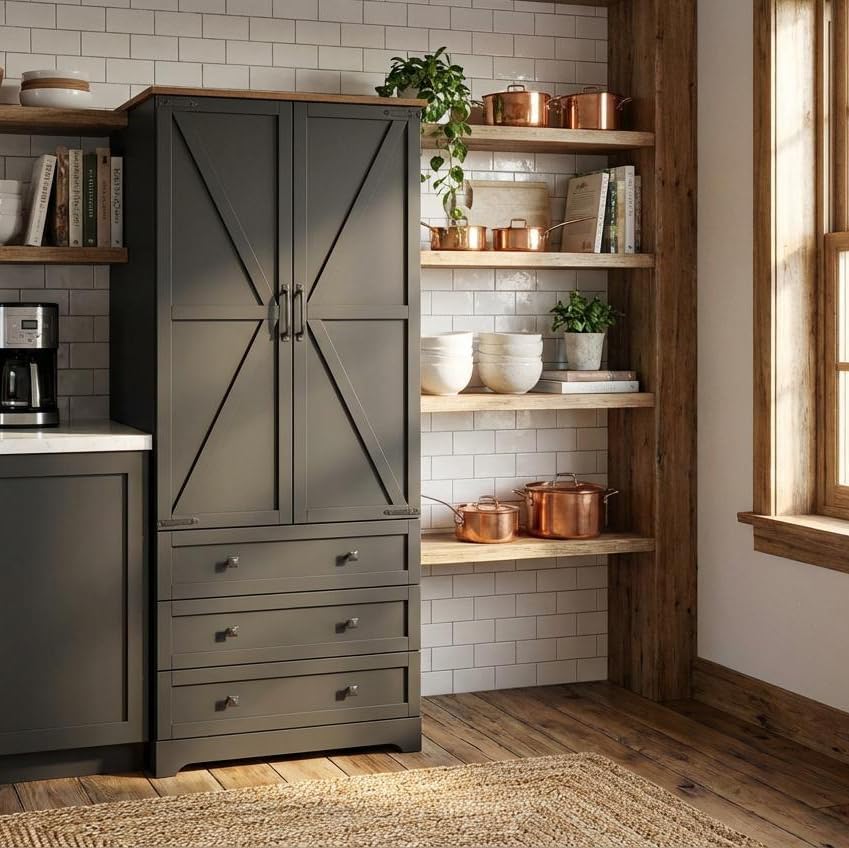 IDEALHOUSE Farmhouse Kitchen Pantry Cabinet - 72" Tall Large Wood Kitchen Storage Cabinets with Adjustable Shelves & 2 Barn Doors & 3 Drawer, Versatile Storage for Dining Room, Bathroom, Living Room