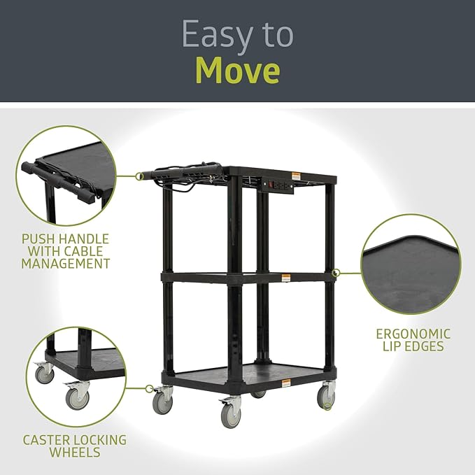 Pearington 3-Shelf Mobile Utility Cart with 3 Outlets and 8' Cord, Heavy-Duty Service Cart for Offices and Warehouses with 3 Shelves, Black, 2 Pack