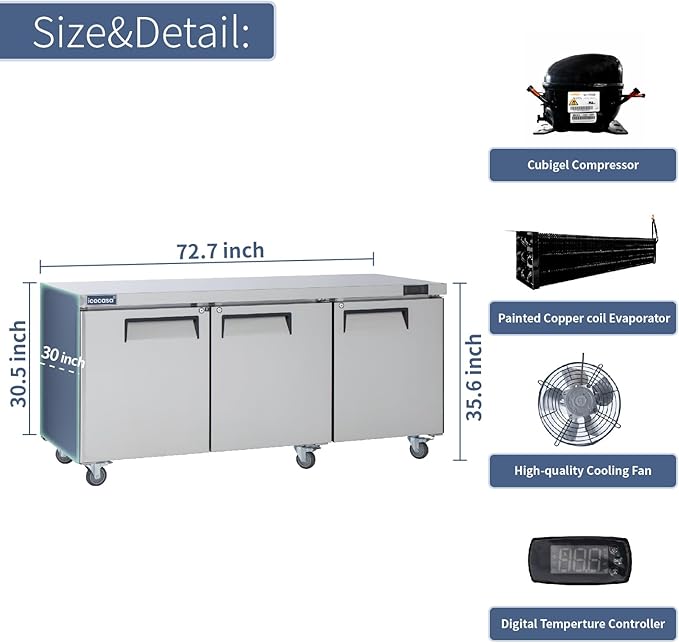 ICECASA 72" W Commercial Refrigerator Worktop Undercounter Refrigerator Three Door Stainless Steel Counter Fan Cooling Refrigerator 20 Cu.ft for Restaurant, Bar, Shop, etc