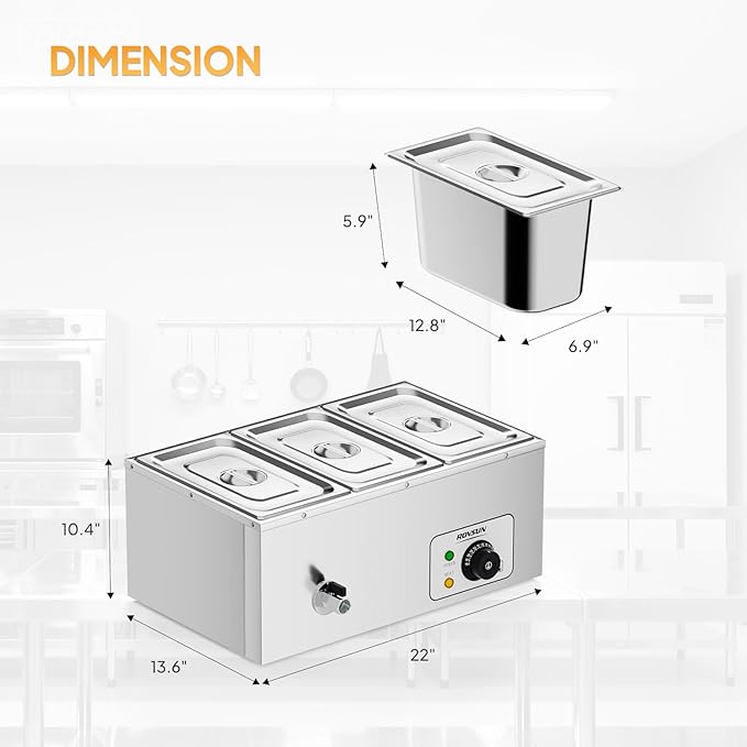 ROVSUN 21QT Electric Commercial Food Warmer, 3-Pan Steam Table 6.9 QT/Pan Stainless Steel Bain Marie Buffet Countertop with Temperature Control & Lid for Parties, Catering, Restaurants 110V
