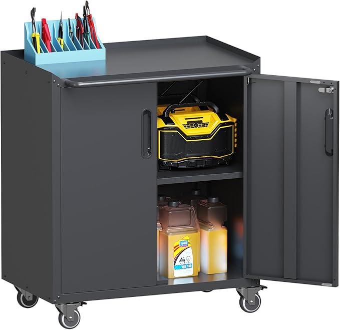 Black Metal Storage Cabinet for Garage with Wheels Rolling Tool Cabinets with Adjustale Shelves Heavy Duty Rolling Tool Cart with Lock for Warehouse Garage Basement Kitchen, Assembly Required