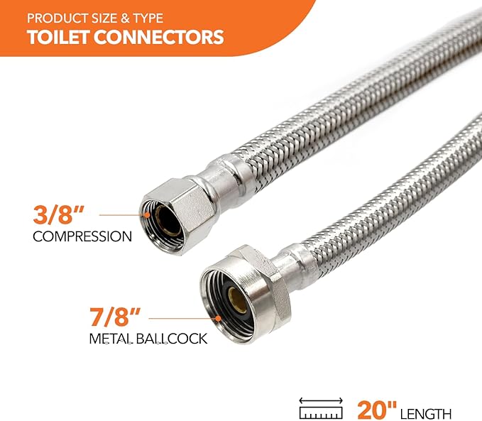 Stainless Steel Toilet Connection Kit - Braided Water Hose, 3/8" Compression x 7/8" Metal Ballcock, 20" Length (5Pack) + Supply Stop Valves, 5/8" x 3/8" Compression (5Pack)
