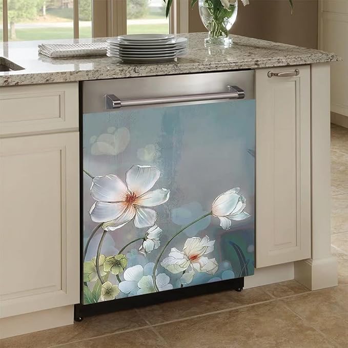 Blooming White Flowers Dishwasher Cover Decorative Magnet, Floral, Rectangular, Vinyl, 23"x17", 1 Count