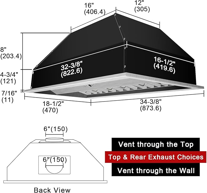 Akicon Range Hood Insert 36 Inch, Ultra Quiet, Powerful Suction Built-in Kitchen Vent Hood, Matte Black Stainless Steel Ducted Stove Hood with Dimmable LED Lights Warm White, 3-Speeds 600CFM