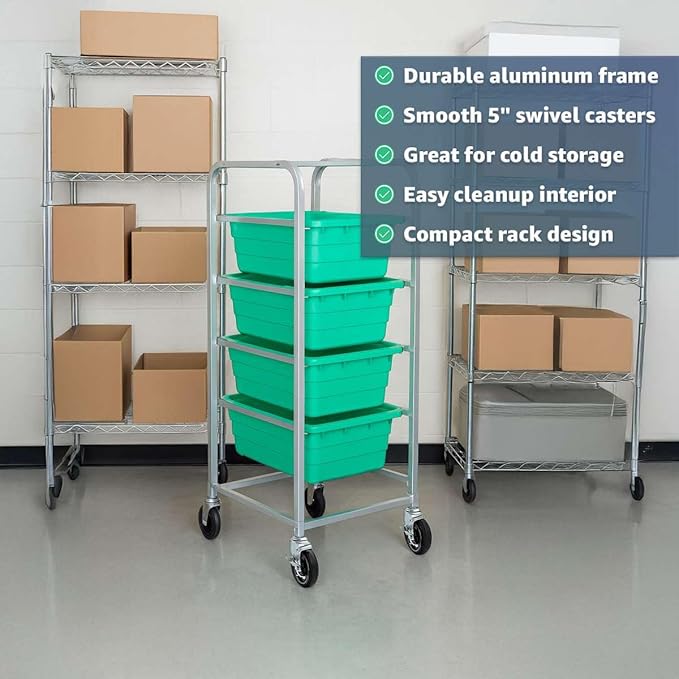 19"x26"x53" Mobile Aluminum Lug Rack with 4 Blue Tote Boxes – NSF Heavy-Duty Commercial Storage Cart with 5" Swivel Casters, Portable Food Prep & Dishroom Utility Rack – Freezer Safe, 4 Lug Capacity