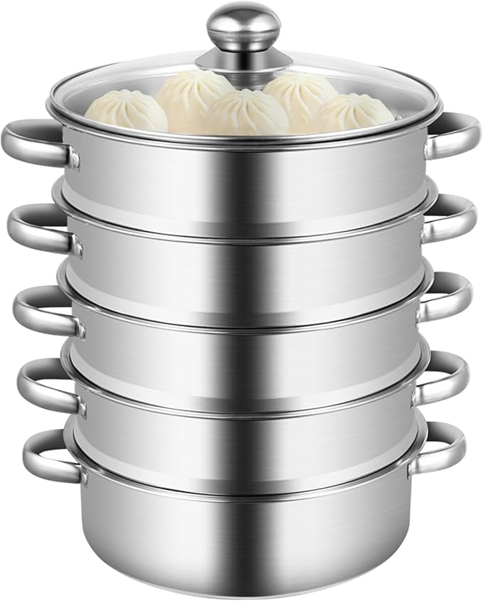Steamer 26cm/10.24in, 5-tier Stainless Steel Steam Cooker w/Clear Glass Lid & Handles, Home Round Stackable Multipurpose Steam Pot for All Stoves, 12.59 * 15.74in (1xBottom Pot, 4xSteaming Baskets)