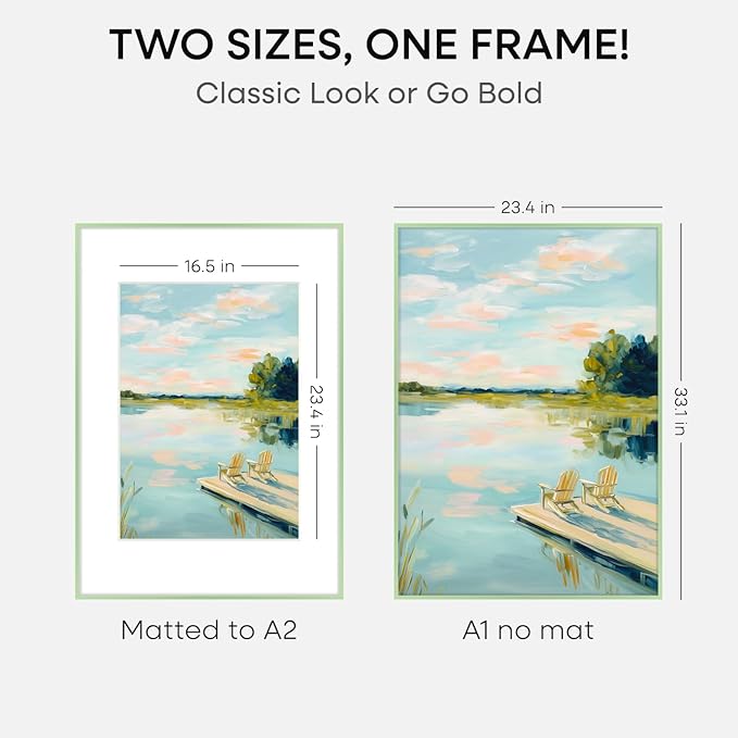 Homeforia A1 Poster Frame Sage Green, High End Metal A1 Large Picture Frames with Mat A2 Photo, 23.4 x 33.1 Frames Matted to 16.5 x 23.4 Print, 23.4x33.1 Thin Frame, Tempered Glass, Wall Kit, Set of 2