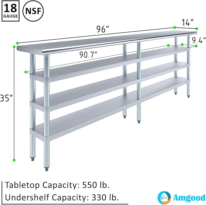 14 in. x 96 in. Stainless Steel Work Table with Three Bottom Shelves | NSF Kitchen Prep Table | Utitly Metal Table