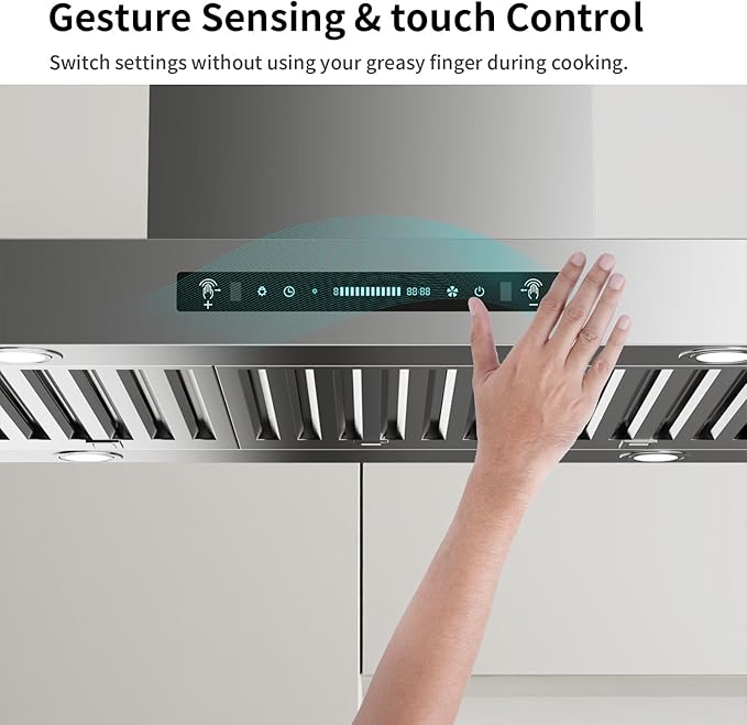 IKTCH 30 inch Island Wall Mount Range Hood, Ducted 900 CFM Range Hood with 4 Speed Fan, Stainless Steel Hood Vent with Gesture Sensing & Touch Control for Smart Life
