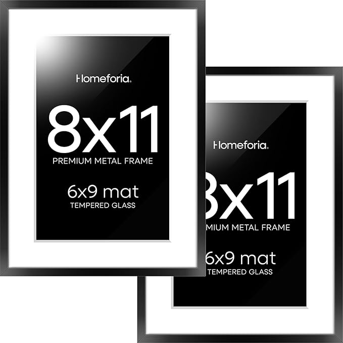 Homeforia 8x11 Picture Frame Black, High End Metal 8 x 11 Poster Frames with Mat 6 by 9 for Photo, 11x8 Frame Matted to 6x9 inch Print, 8by11 Wall or Tabletop Frame, Tempered Glass, Wall Kit, Set of 2