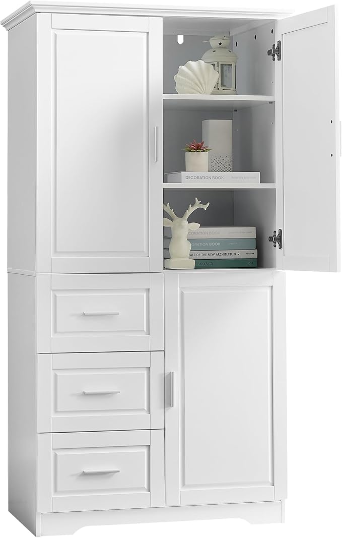 Storage Cabinet with Three Drawers and Doors, Wide Pantry Cupboard for Kitchen, Living Room and Bathroom, Adjustable Shelf, White