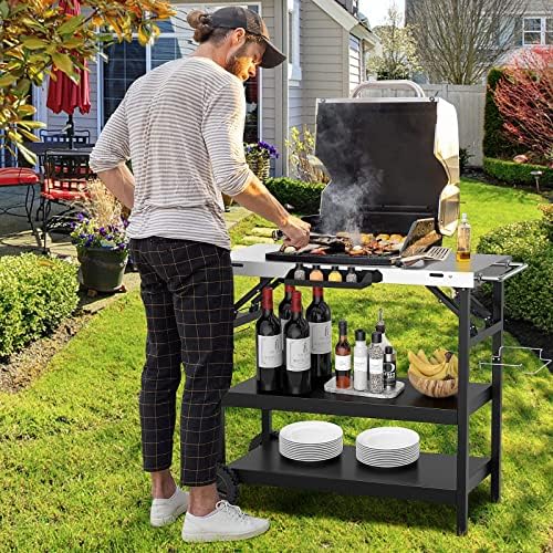 GIANTEX Outdoor Grill Cart with Wheels, Food Prep Table with 3 Storage Shelves, Detachable Spice Rack, Garbage Bag Holder, 4 Hooks, Movable Dining Cart Worktable Trolley for Outside Kitchen BBQ