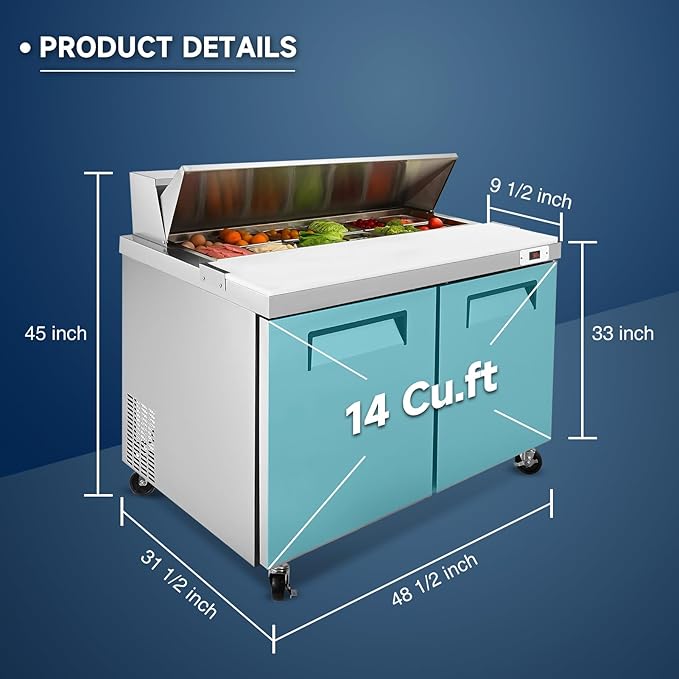 48"W Commercial Sandwich Prep Table Refrigerator - Stainless Steel Door with 12 Pans, 14 Cu.Ft Capacity, Auto Defrost, Digital Temperature Control for Restaurants, Delis, Catering & Convenience Stores