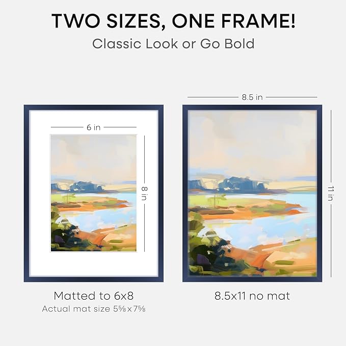 Homeforia 8.5x11 Navy Blue Frame, High End Metal 8.5 x 11 Picture Frames with Mat 6 by 8 inch Photo, 11x8.5 Poster Frame Matted to 6x8 Print, Wall or Tabletop Frame, Tempered Glass, Wall Kit, Set of 2