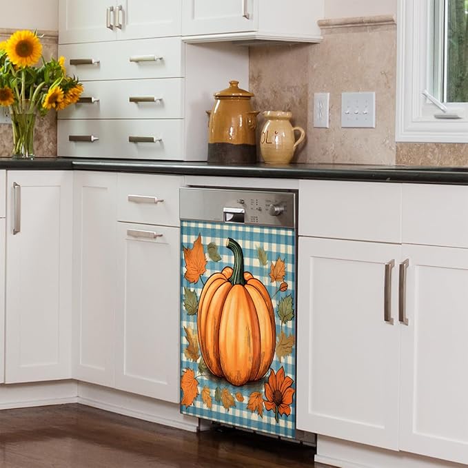 Dishwasher Magnet Cover Fall Pumpkin Vintage Plaid Front Dishwasher Cover Decoration Reusable Magnetic Door Cover Panel Decal Home Appliances Stickers Kitchen Refrigerator Fridge 23"x26"