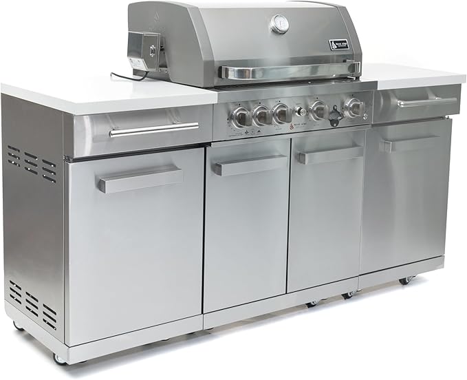 Mont Alpi Premium 70"W x 24"D Stainless Steel Compact Outdoor Kitchen Island with Access Doors + 32"W 4-Burner BBQ Gas Grill with Infrared Rear Burner + Storage Cabinets + White Granite Countertops