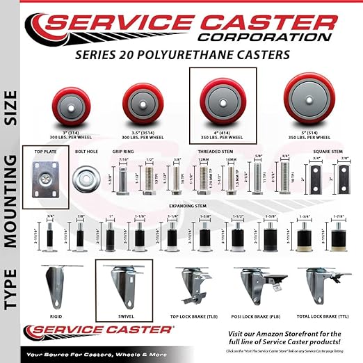 Service Caster Brand Replacement Caster for Uline Caster H-5539S-Swivel Top Plate Caster with 4 Inch Red Polyurethane Wheel-Light Duty Replacement Caster- Fits Carts, Dollies and Poly Box Truck H-1956