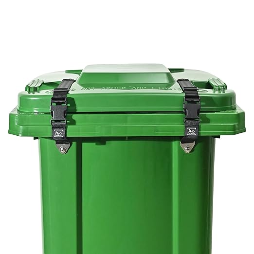HX AURIZE Universal Trash Can Lid Lock Strap for Round & Square Bins - Sturdy Outdoor Garbage Lock - Raccoon, Dog & Small Animal Stopper - Secure Bolt-On Design (Drilling Required) Black 2 Pack