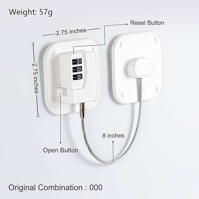 Refrigerator Lock, Heavy Duty Fridge Lock, Combination Lock for Refrigerator Cabinets, Drawers, Safety, Easy Install No Keys Needed (White-2Pack)