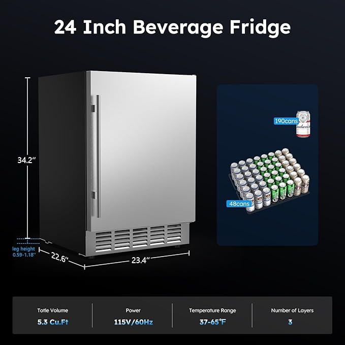 24 Inch Outdoor Beverage Fridge, Weather Proof Stainless Steel Beverage Cooler Under Counter Beer Fridge, Indoor/Outdoor Beverage Refrigerator for 190 Cans, Built-in/Freestanding (Foam Door)