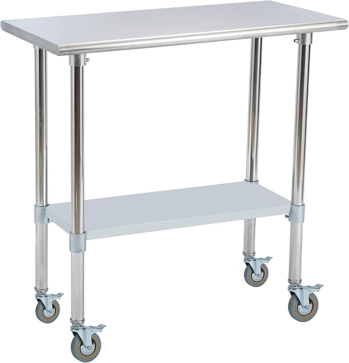 Stainless Steel Work Table 30“L x18 D, NSF Commercial Food Prep Worktable with Adjustable Undershelf and Casters for Restaurant, Home and Outdoors (30“L x18 D)