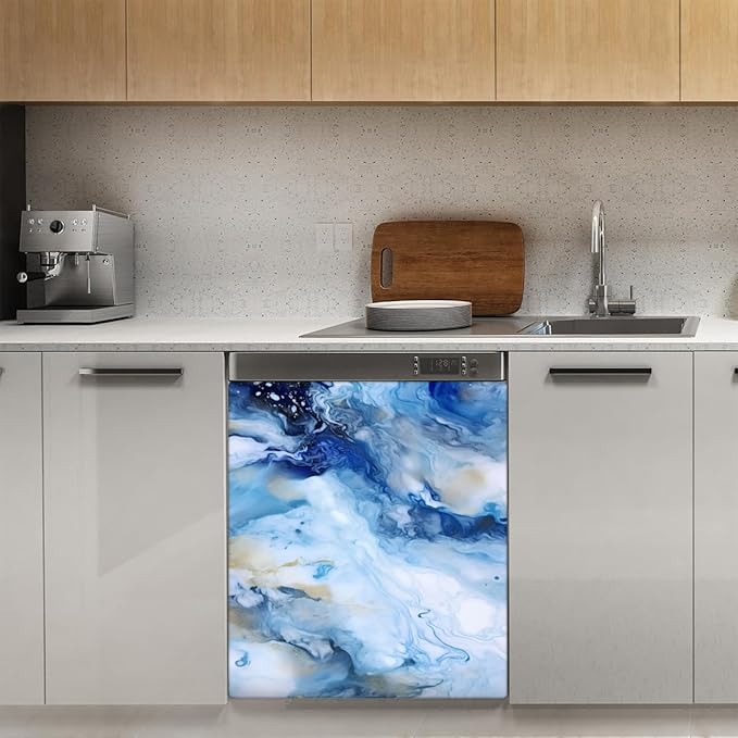 Marble Ripple Blue White Dishwasher Magnet Cover, Reusable Refrigerator Panel Stickers Microwave Front Door Covers Magnets for Kitchen Home Appliances Holiday Party Decorations 23 X 26 in
