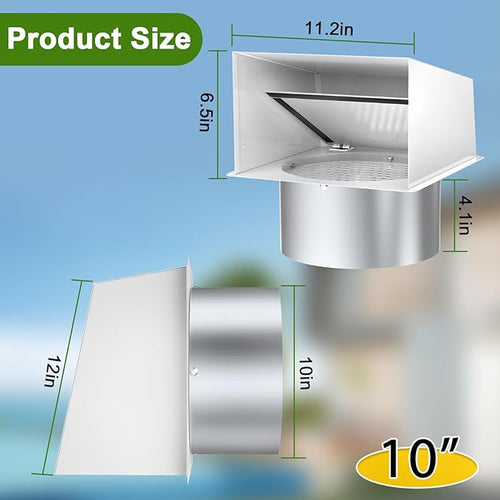 10 Inch Hooded Wall Vent, Dryer Wall Vent Cover Outside with Screen and Damper, Wall Exhaust Vent Cover, Outdoor Air Vent Cap for Range Hoods/Kitchen/Bathroom/Laundry/Basements/Garages, White