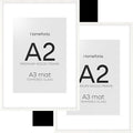 Homeforia A2 White Wood Frame, High End Oak 16.5 x 23.4 White Wooden Poster Frames Matted to 11.7 by 16.5 in Photo, A2 Size Wood Picture Frame with Mat A3 for Print, Tempered Glass, Wall Kit, Set of 2