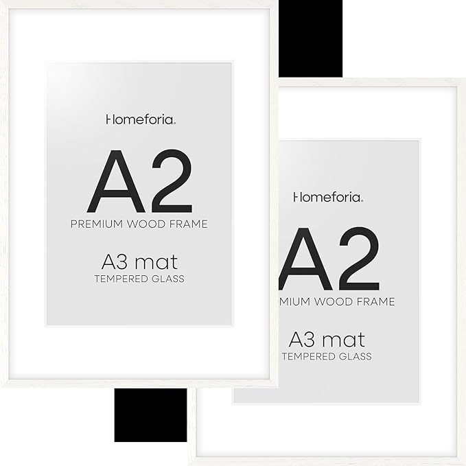 Homeforia A2 White Wood Frame, High End Oak 16.5 x 23.4 White Wooden Poster Frames Matted to 11.7 by 16.5 in Photo, A2 Size Wood Picture Frame with Mat A3 for Print, Tempered Glass, Wall Kit, Set of 2