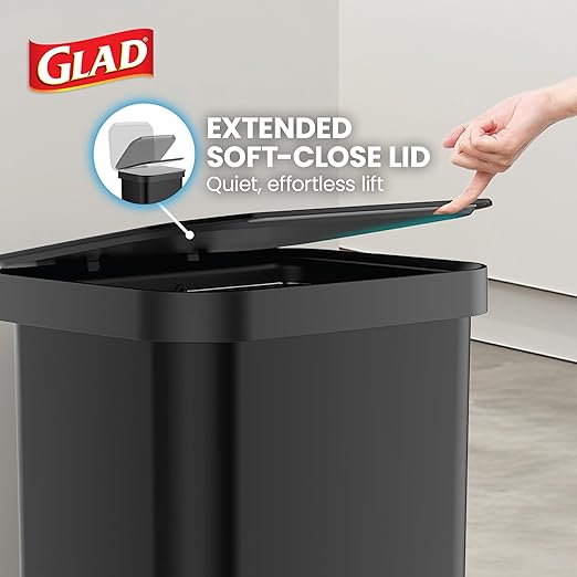 Glad Stainless Steel Step Trash Can, Series 2 with Clorox Protection - Large Black Kitchen Garbage Bin with Soft Close Lid, Foot Pedal and Waste Bag Roll Holder, 13 Gallon