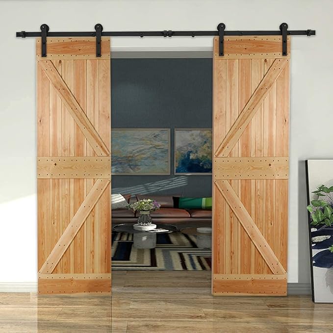 CCJH 17FT Sliding Barn Door Hardware Kit, Heavy Duty, Smoothly and Silently, Easy to Install, Fit 51" Width Double Door Panel, I Shaped Hangers Black