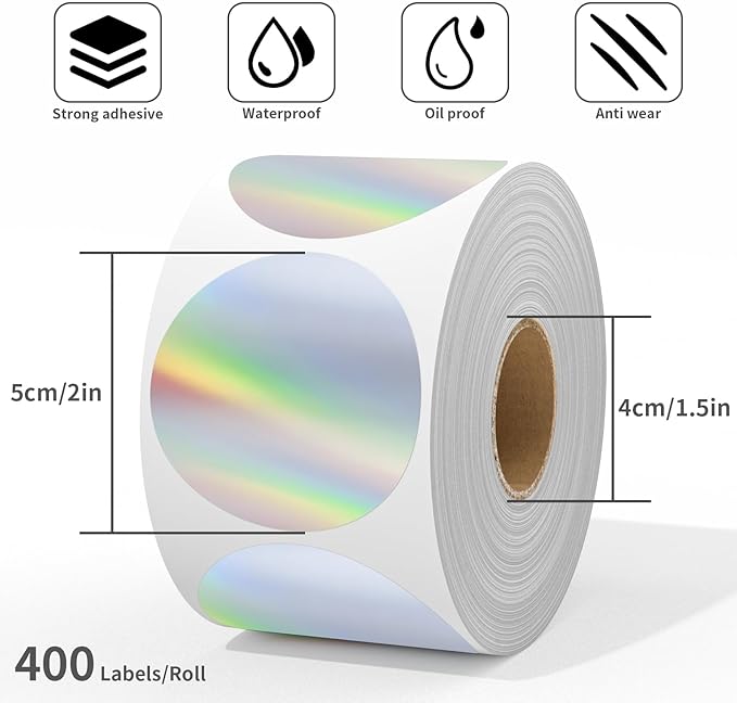 MFLABEL 2" Round Holographic Thermal Labels - 400pcs Silver Waterproof Sticker Roll for Small Business Logo, Compatible with MUNBYN/Rollo/Phomemo (Not for Dymo/Brother)
