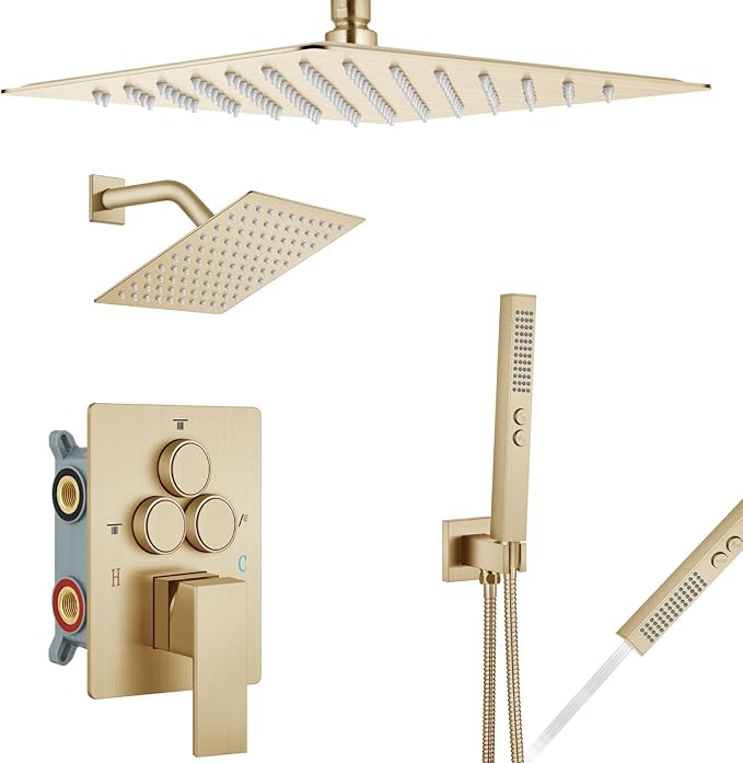 Aolemi Shower Faucet Set Ceiling Mount Shower System Rough-in Valve and Shower Trim Kit 2 in 1 Handheld Spray Push Button Diverter 12 and 6 Inch Dual Shower Head Brushed Gold