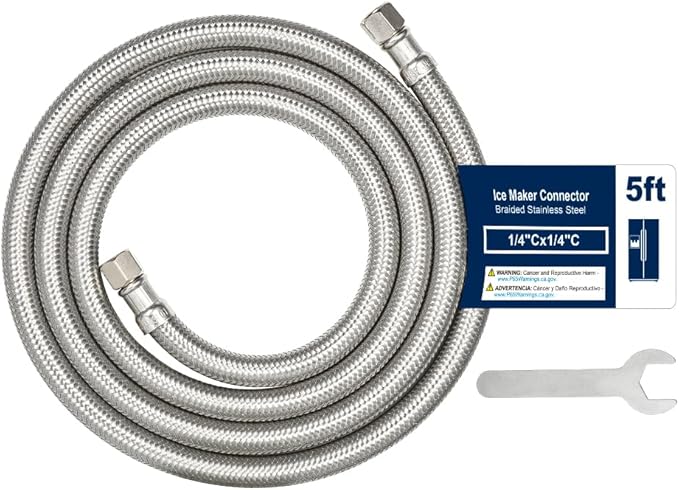5ft Ice Maker Water Line Stainless Steel Braided – Flexible Refrigerator Water Supply Tube with 1/4" Quick Connect Fitting, Universal Fit