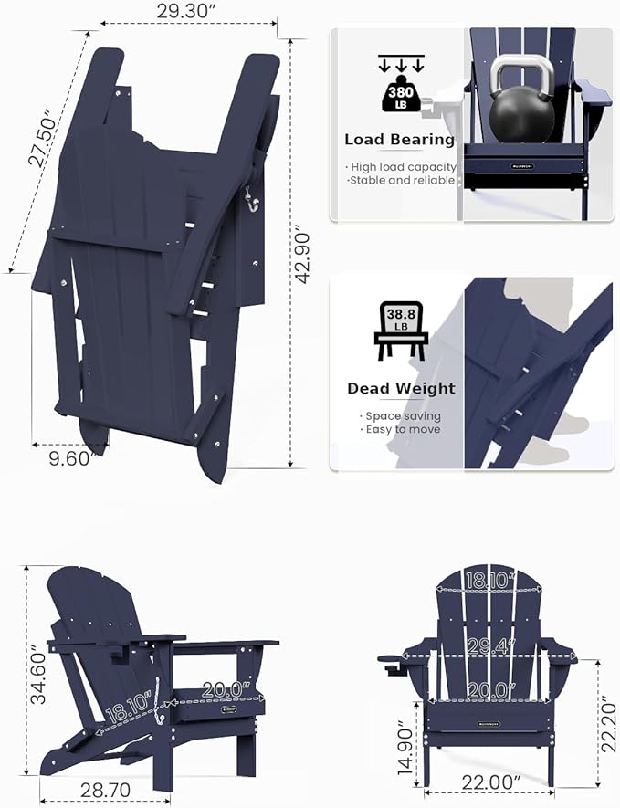 MUCHENGHY Folding Adirondack Chairs Set of 4, Patio & Outdoor Chairs, Plastic Weather Resistant with Cup Holder for Deck, Backyard, Garden (Dark Navy Blue)