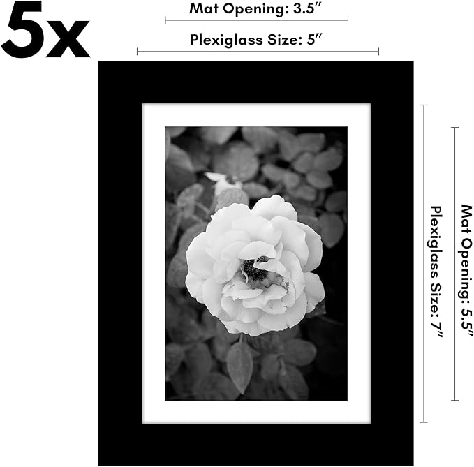 Americanflat 5x7 Picture Frame with Polished Plexiglass - Set of 5 - Use as 4x6 Frame with Mat or Display 5x7 Photo Without Mat - Galleria Collection - Picture Frames for Tabletop and Wall - Black